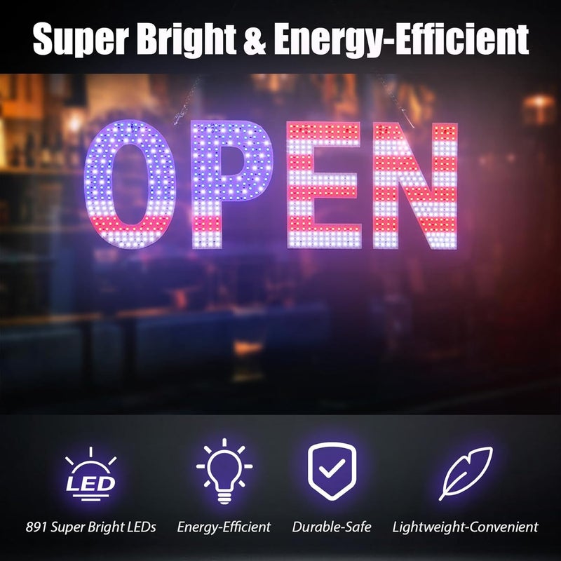 Thirdpolite LED Open Signs for Business, 30"L x 10"W Inch Large Led Open Sign with 3 Scene Modes, Ultra Bright Adjustable Light Up Open Sign Led for Storefront Window Glass Door Shop Store Bar Salon Cafes Restaurant (US Flag Design) - Image 5